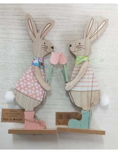 CONEJO MADERA ROSA CON TULIPAN 11X30X4 CM